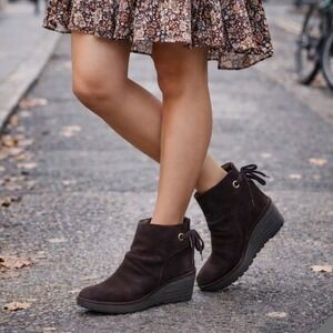 Fly London Yebi Suede Ruched Ankle Wedge Booties Size 42